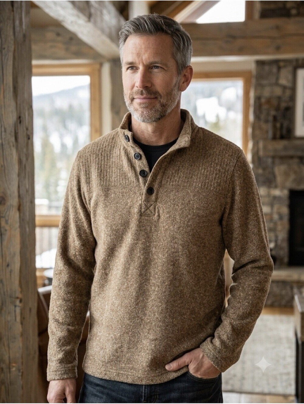 Telluride Clothing Company Men's Brown Marl Knit 1/4 Button Mock Neck Sweater L